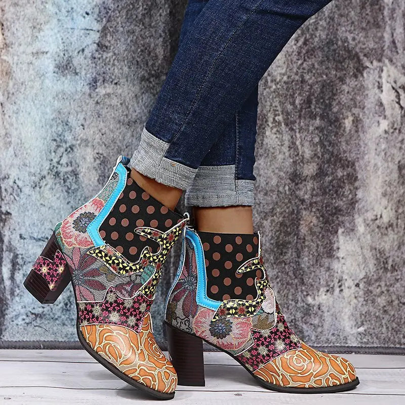 Ankle Boots Autumn PU Ethnic Waterproof Casual Vintage Shoes Zipper High Heel