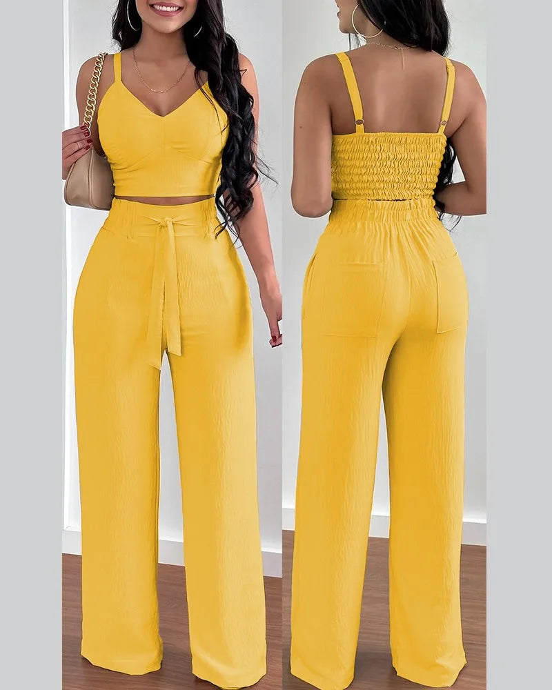 2 Piece Outfits V-Neck Strap Shirred Slim Crop Top & Lace-up Wide Leg Pants Set
