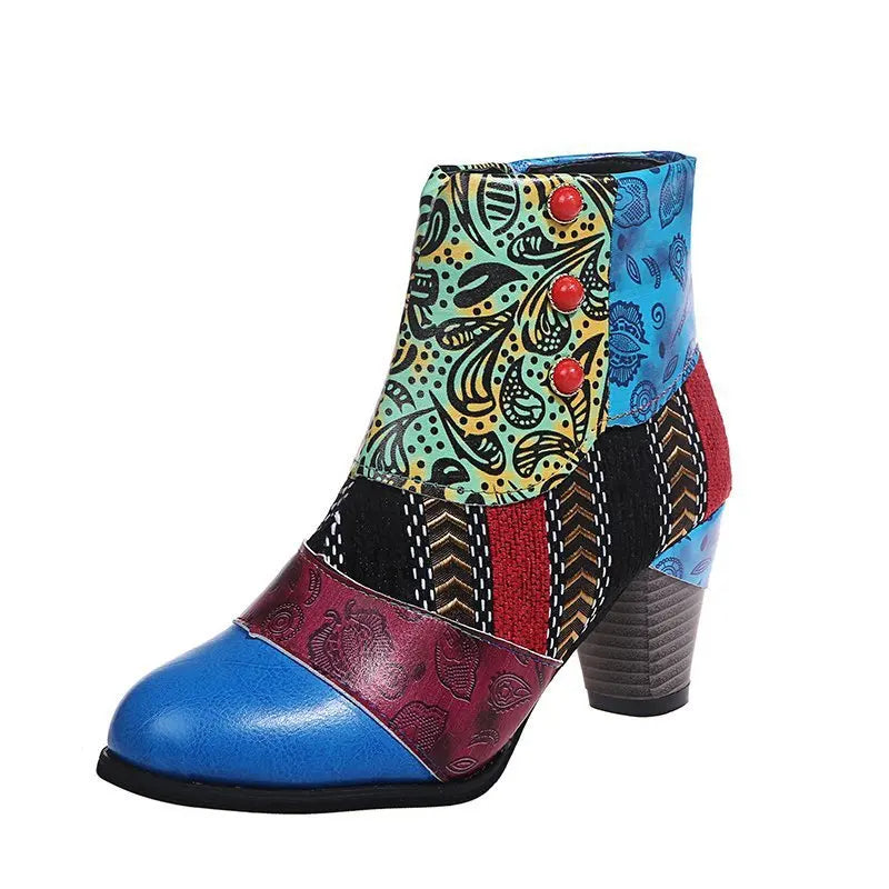 Ankle Boots Autumn PU Ethnic Waterproof Casual Vintage Shoes Zipper High Heel