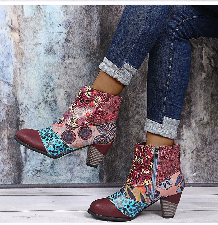 Ankle Boots Autumn PU Ethnic Waterproof Casual Vintage Shoes Zipper High Heel