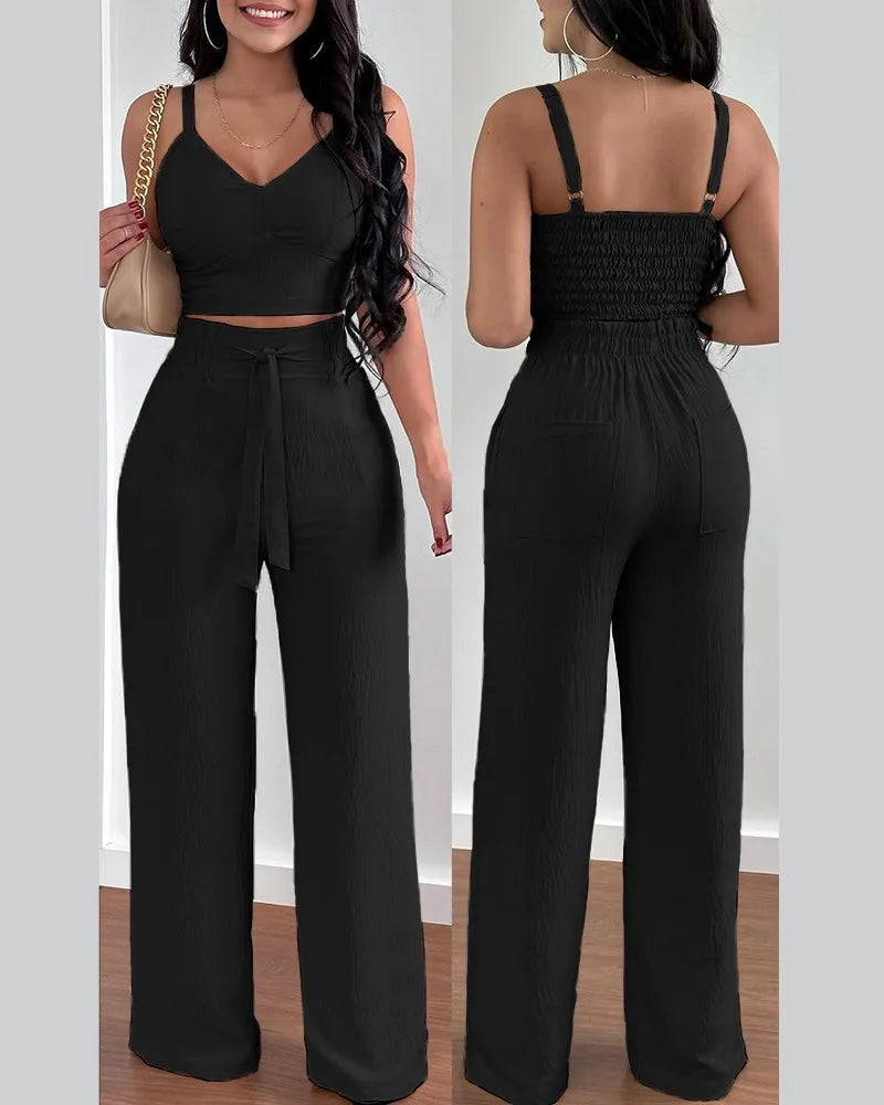 2 Piece Outfits V-Neck Strap Shirred Slim Crop Top & Lace-up Wide Leg Pants Set