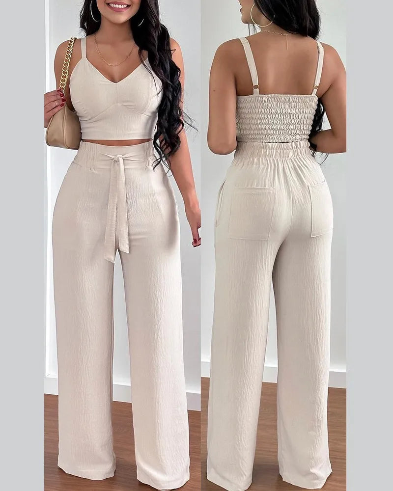 2 Piece Outfits V-Neck Strap Shirred Slim Crop Top & Lace-up Wide Leg Pants Set