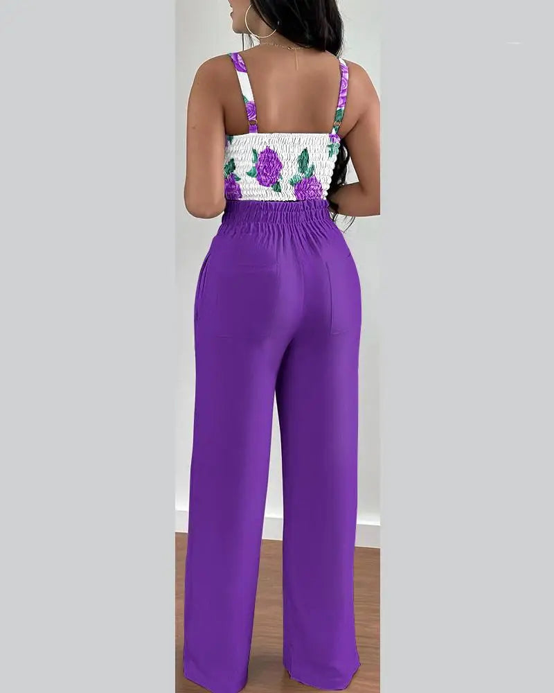 2 Piece Outfits V-Neck Strap Shirred Slim Crop Top & Lace-up Wide Leg Pants Set