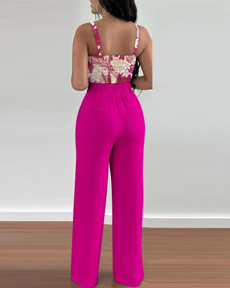 2 Piece Outfits V-Neck Strap Shirred Slim Crop Top & Lace-up Wide Leg Pants Set