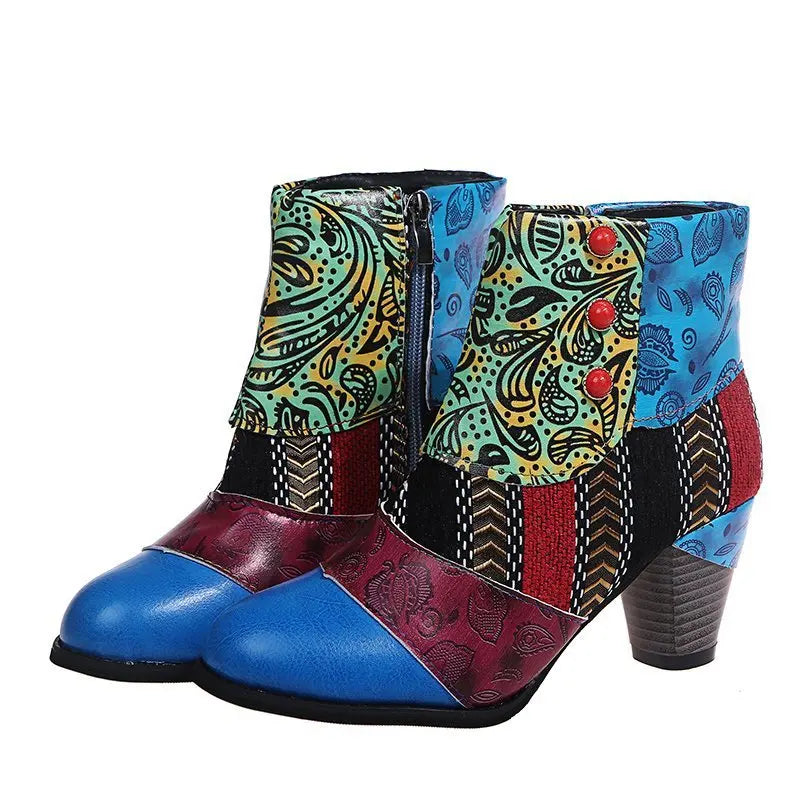 Ankle Boots Autumn PU Ethnic Waterproof Casual Vintage Shoes Zipper High Heel