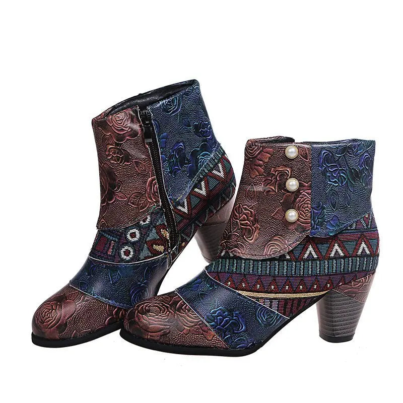 Ankle Boots Autumn PU Ethnic Waterproof Casual Vintage Shoes Zipper High Heel