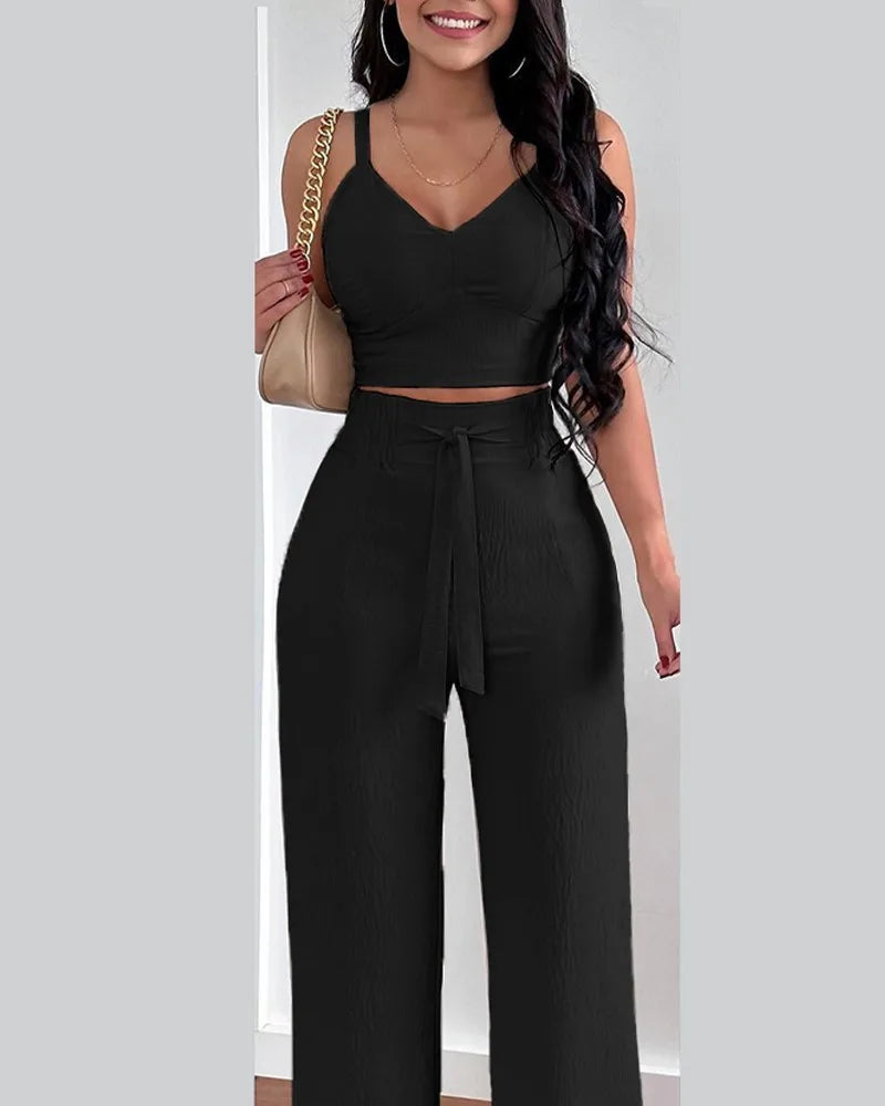 2 Piece Outfits V-Neck Strap Shirred Slim Crop Top & Lace-up Wide Leg Pants Set