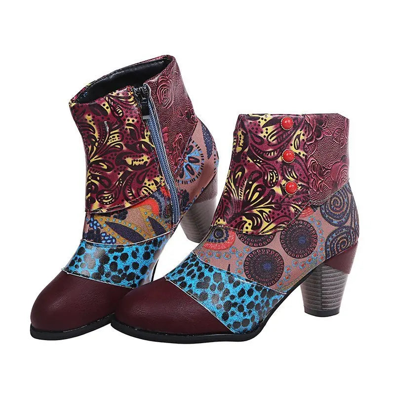 Ankle Boots Autumn PU Ethnic Waterproof Casual Vintage Shoes Zipper High Heel