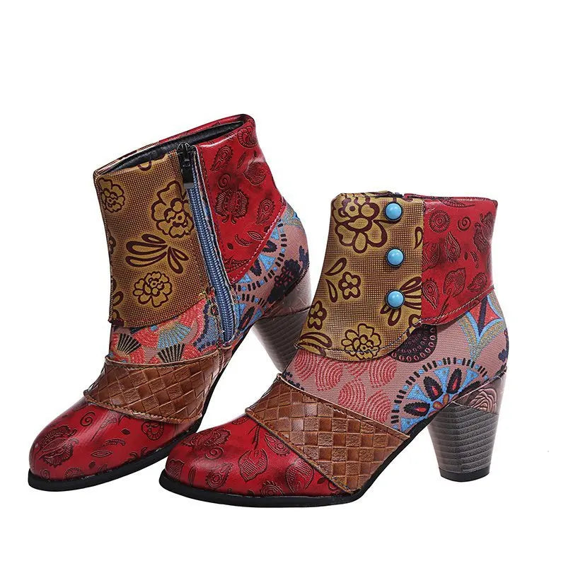 Ankle Boots Autumn PU Ethnic Waterproof Casual Vintage Shoes Zipper High Heel