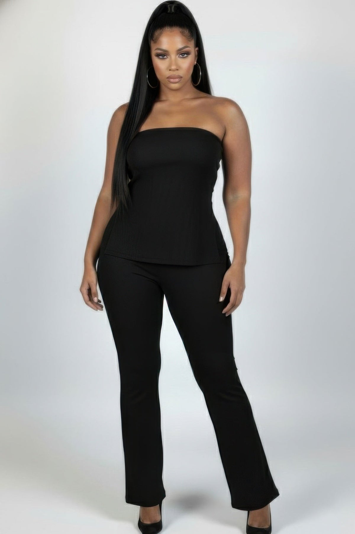 Plus Size Women’s Ribbed High-waist Flare Pants Set