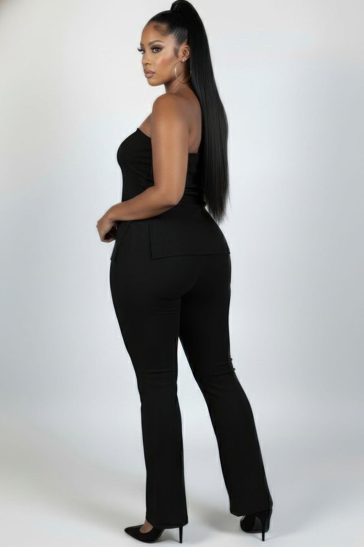 Plus Size Women’s Ribbed High-waist Flare Pants Set