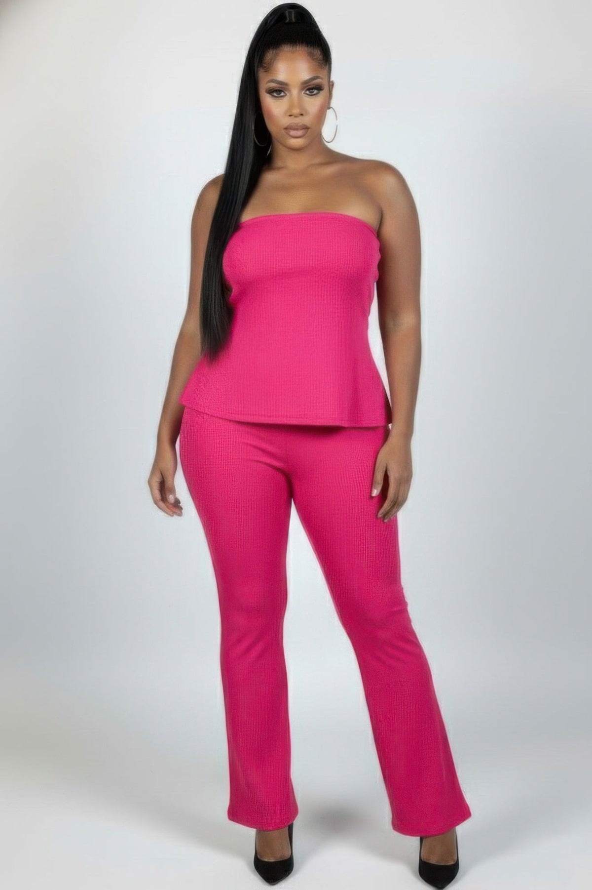 Plus Size Women’s Ribbed High-waist Flare Pants Set