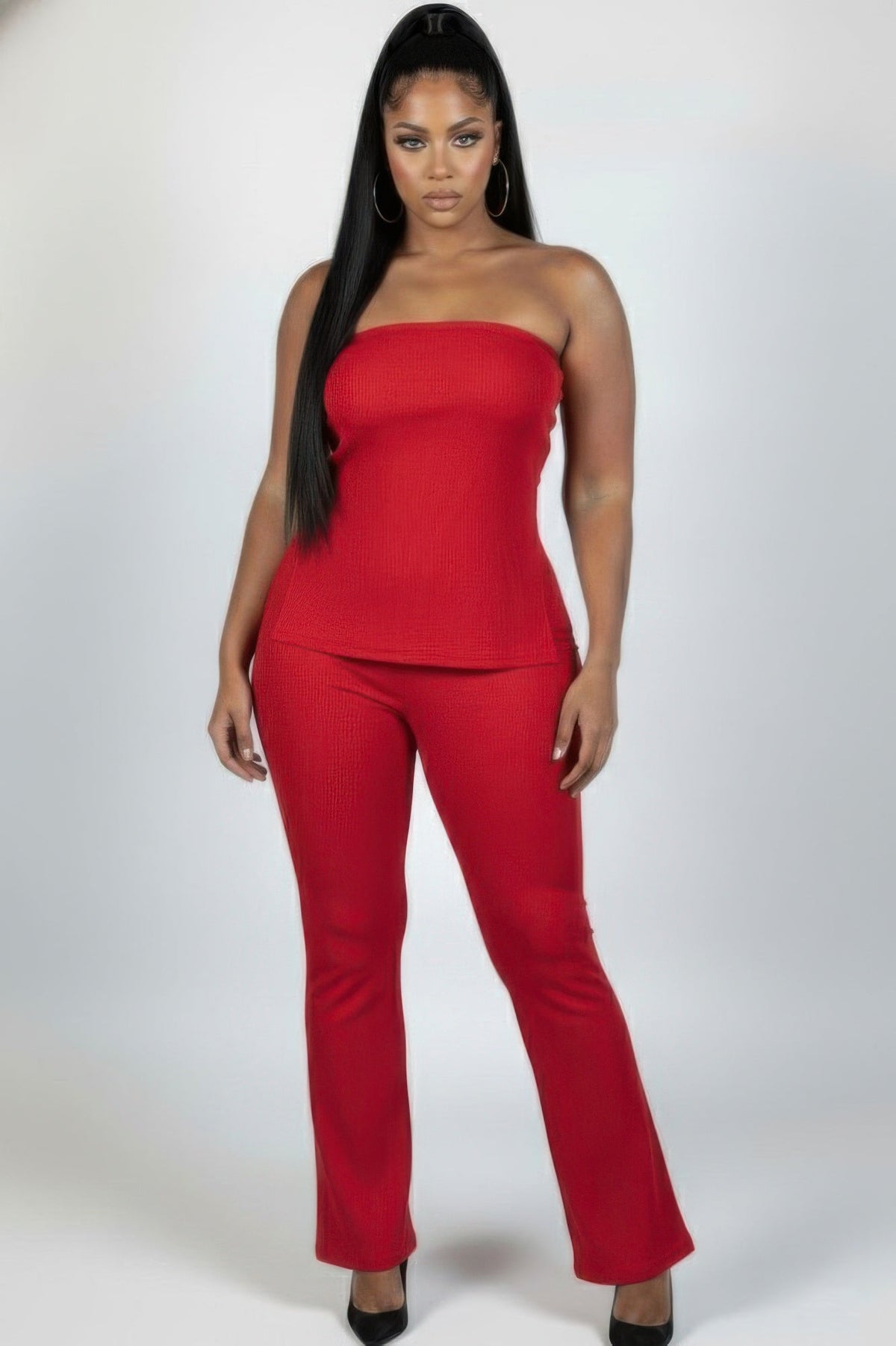 Plus Size Women’s Ribbed High-waist Flare Pants Set