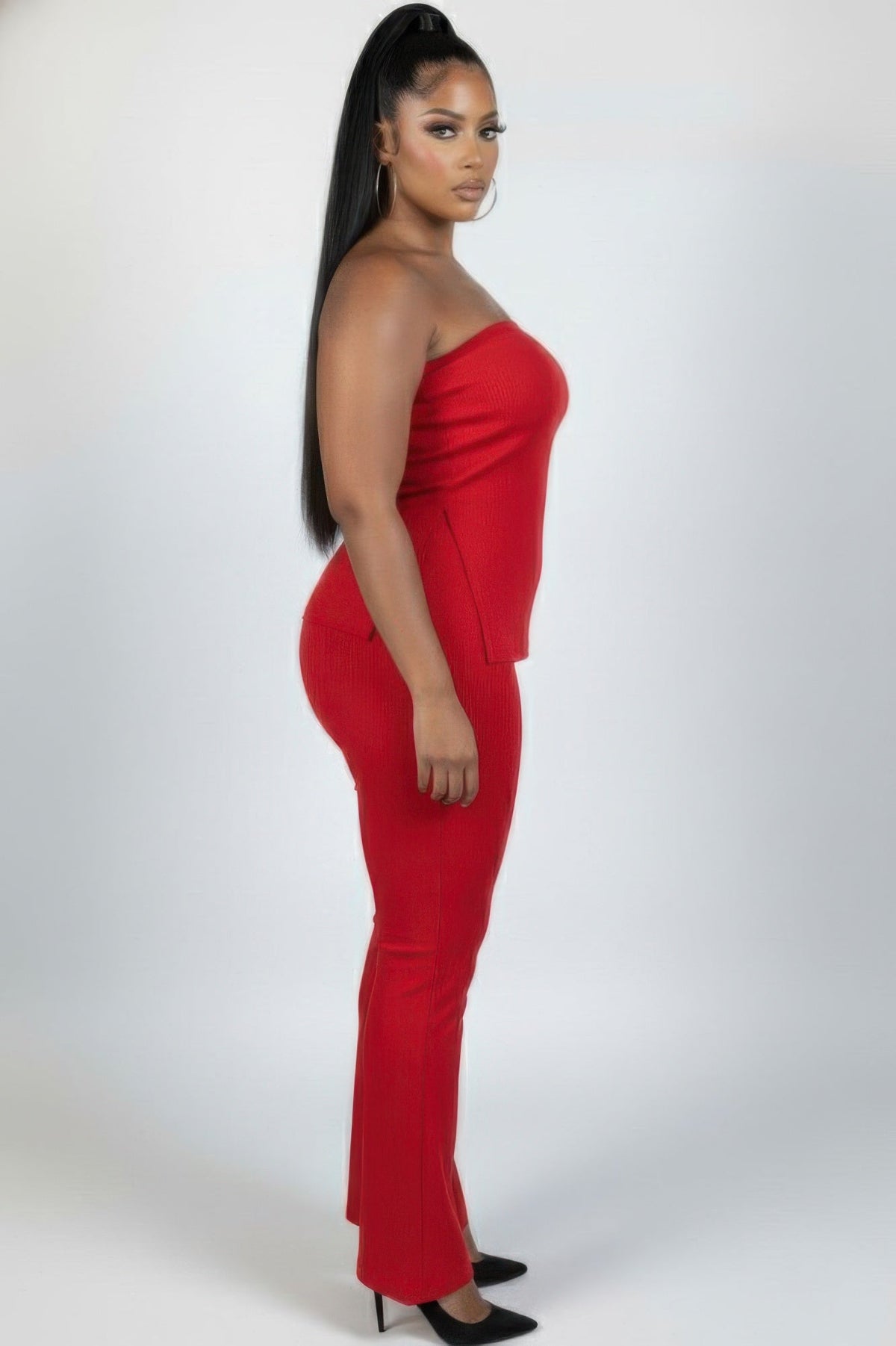 Plus Size Women’s Ribbed High-waist Flare Pants Set