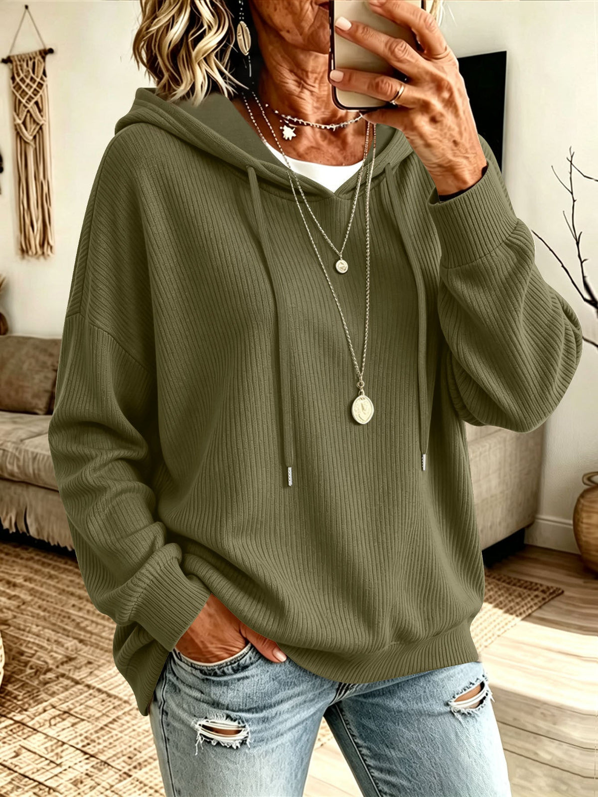 European Size Cross-border Solid Color Drawstring Hooded Knitted Sweater Casual Pocket Loose Slimming Large Size Women's Outer Top