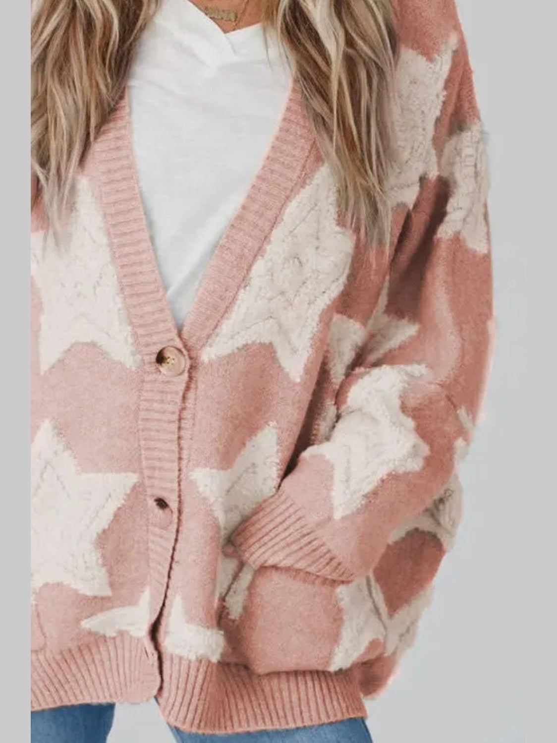 Women's Star Print Button-Up Cardigan Sweater with Pockets
