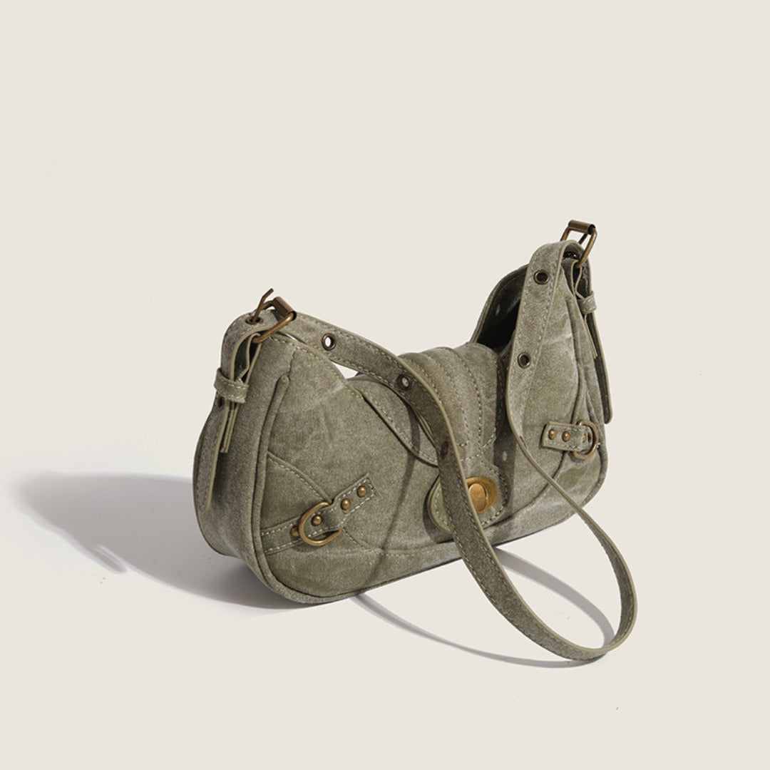 Vintage Army Green Splicing Armpit Bag – Stylish Small Shoulder Purse, Versatile Hobo Bag