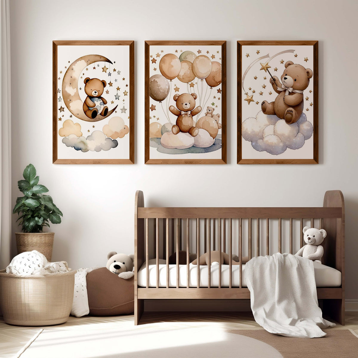 Bear Wall Art Nursery – Moon, Balloons & Magic Stars (Set of 3)