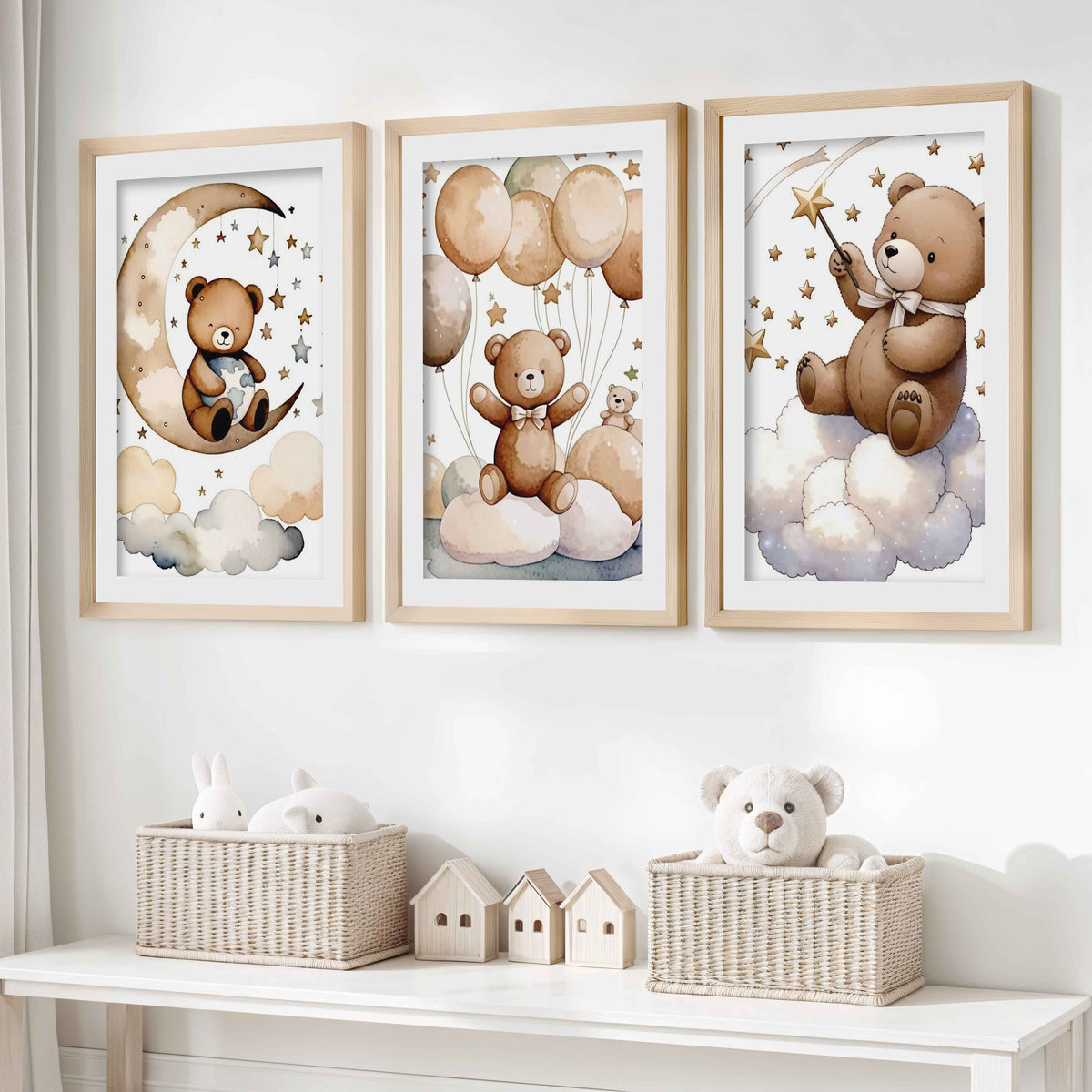 Bear Wall Art Nursery – Moon, Balloons & Magic Stars (Set of 3)