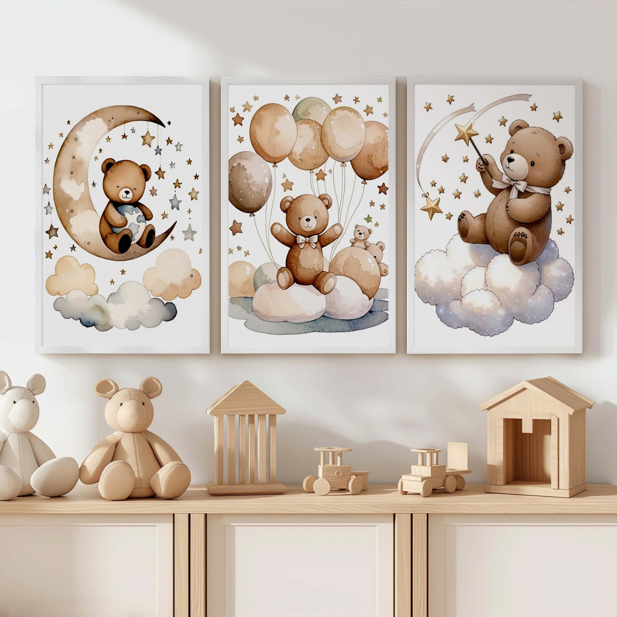 Bear Wall Art Nursery – Moon, Balloons & Magic Stars (Set of 3)