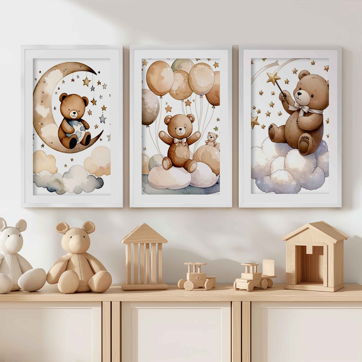 Bear Wall Art Nursery – Moon, Balloons & Magic Stars (Set of 3)