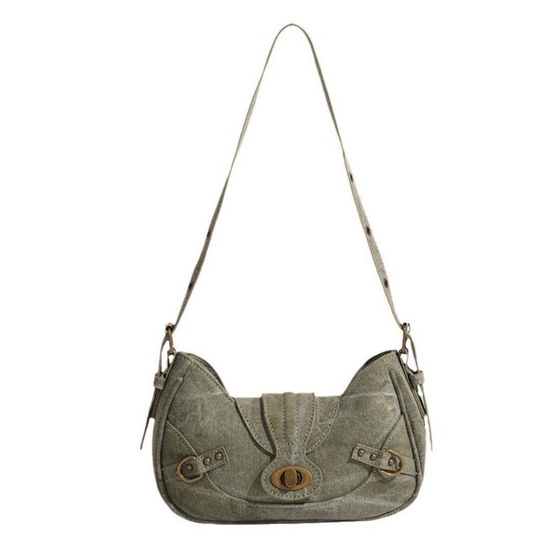 Vintage Army Green Splicing Armpit Bag – Stylish Small Shoulder Purse, Versatile Hobo Bag
