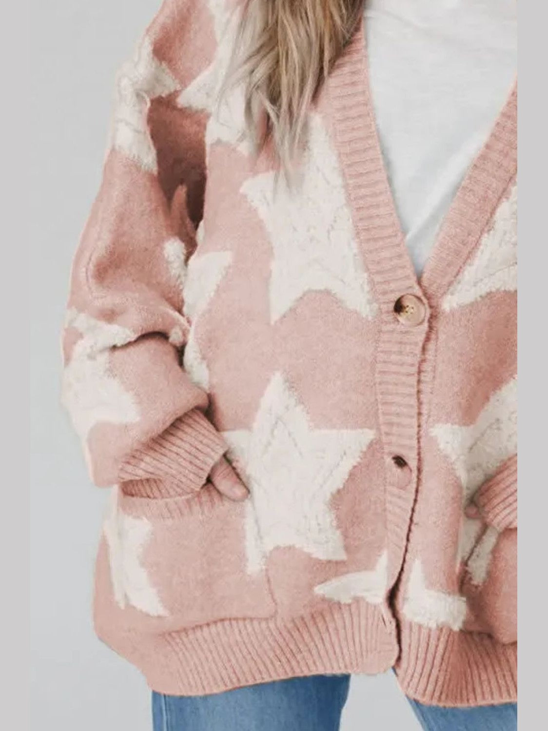 Women's Star Print Button-Up Cardigan Sweater with Pockets