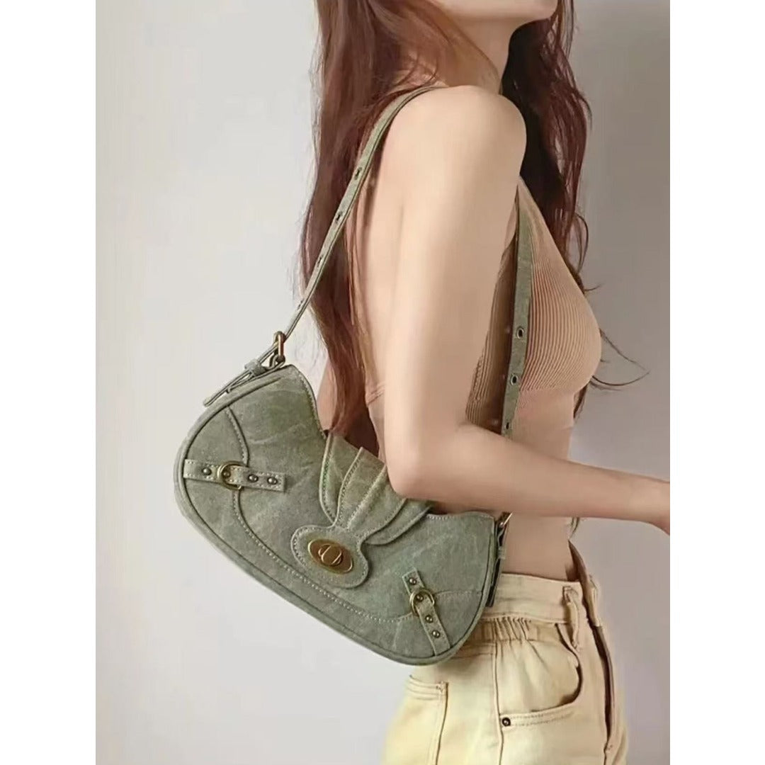 Vintage Army Green Splicing Armpit Bag – Stylish Small Shoulder Purse, Versatile Hobo Bag