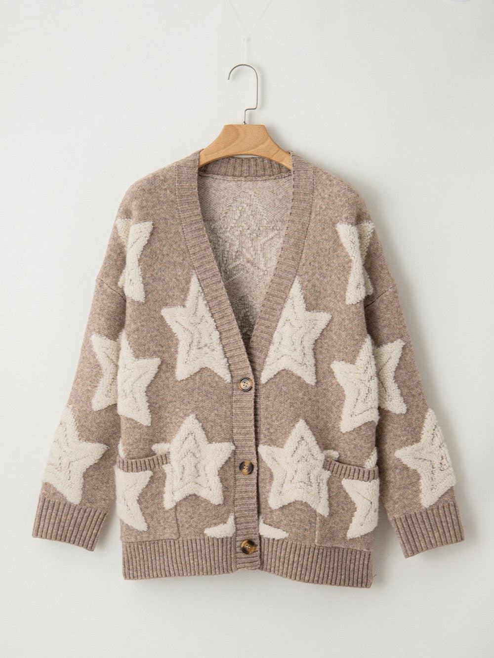 Women's Star Print Button-Up Cardigan Sweater with Pockets
