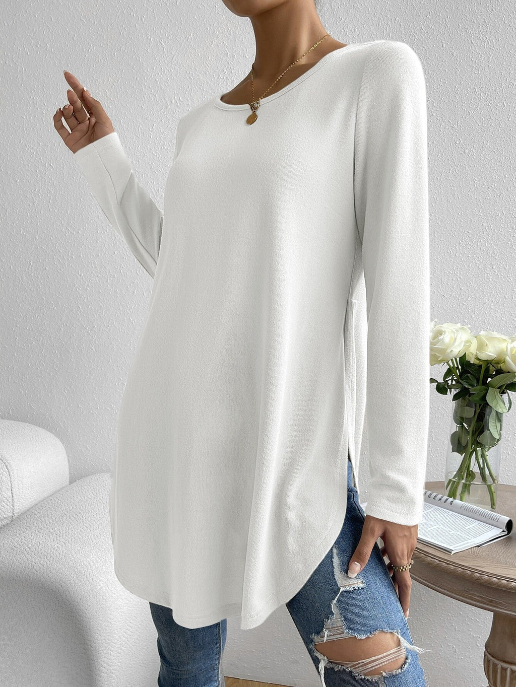 Women's Autumn And Winter Long-Sleeved T-Shirt With Slits On Both Sides