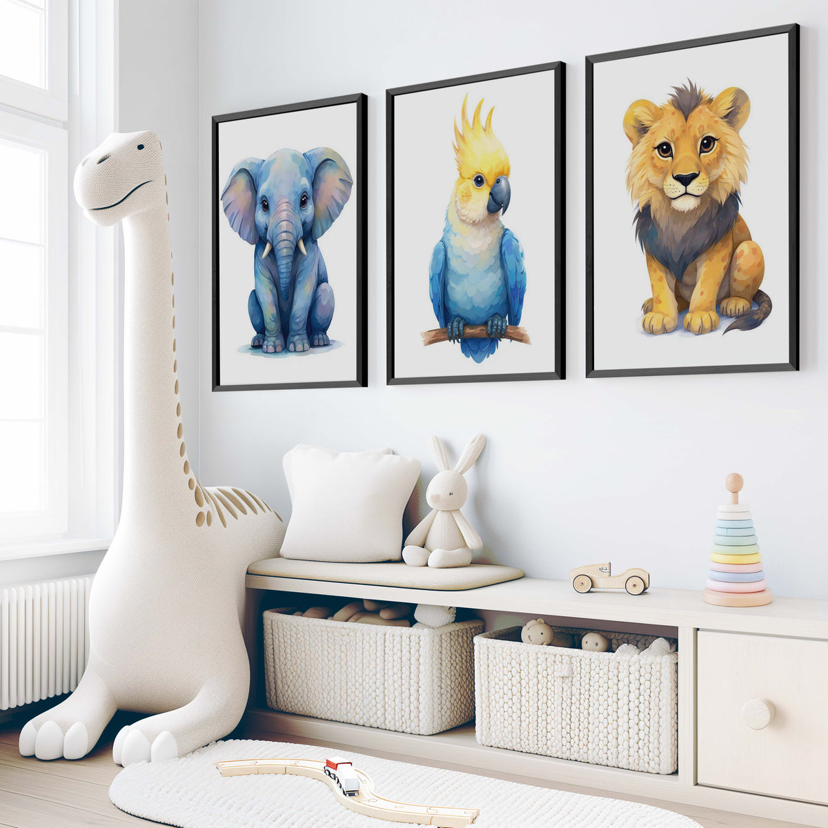 Jungle Nursery Wall Art – Elephant, Parrot & Lion (Set of 3)