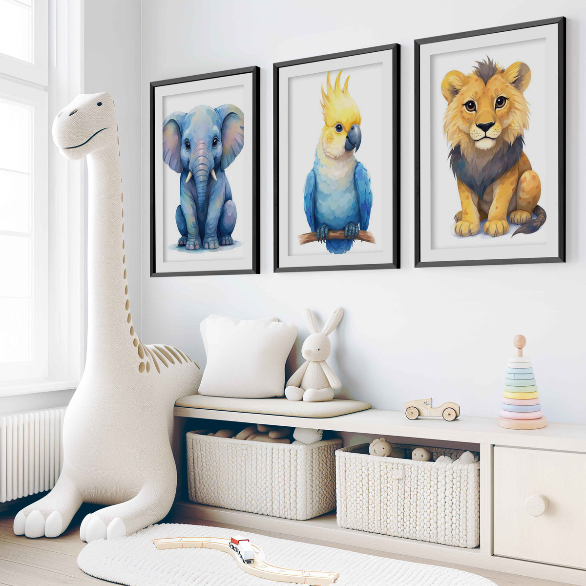 Jungle Nursery Wall Art – Elephant, Parrot & Lion (Set of 3)
