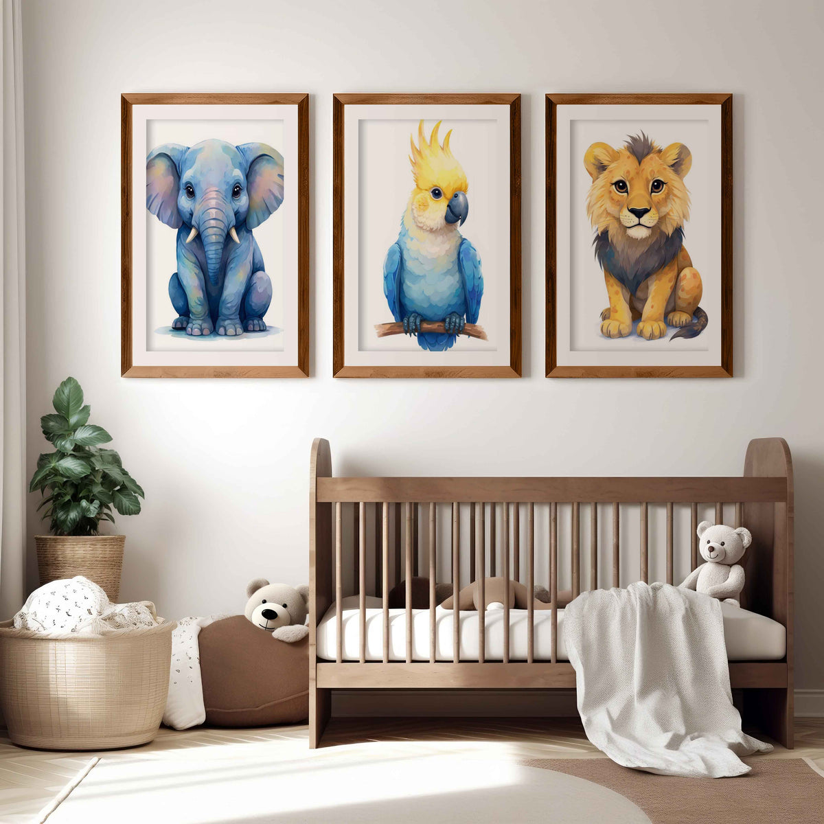 Jungle Nursery Wall Art – Elephant, Parrot & Lion (Set of 3)
