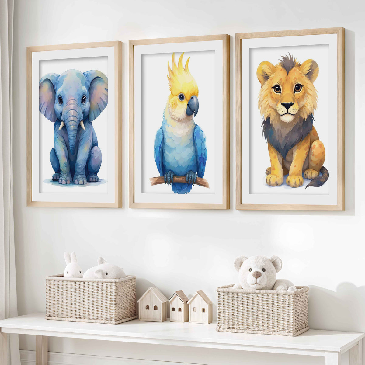 Jungle Nursery Wall Art – Elephant, Parrot & Lion (Set of 3)