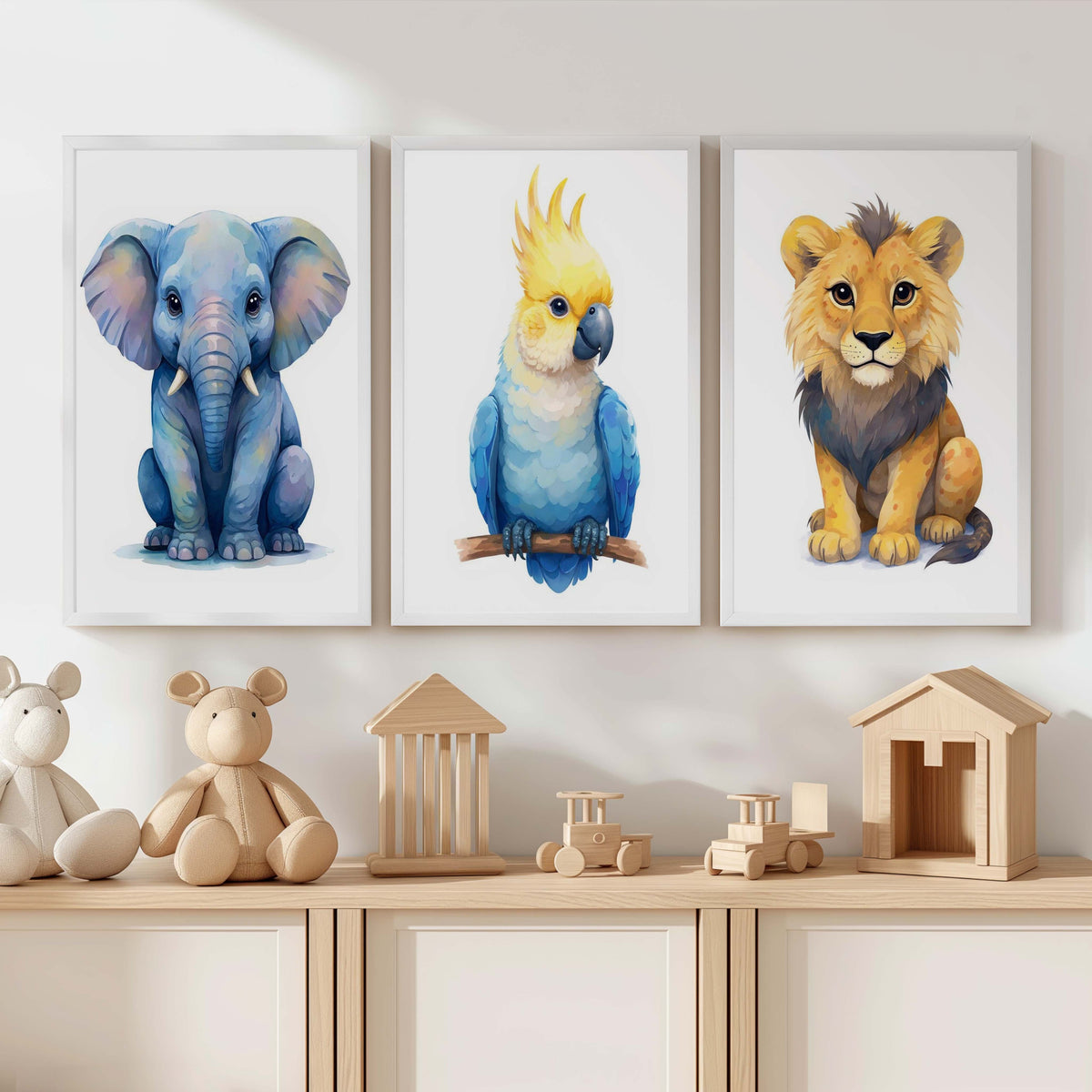 Jungle Nursery Wall Art – Elephant, Parrot & Lion (Set of 3)