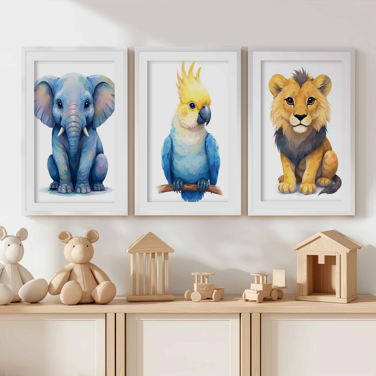 Jungle Nursery Wall Art – Elephant, Parrot & Lion (Set of 3)
