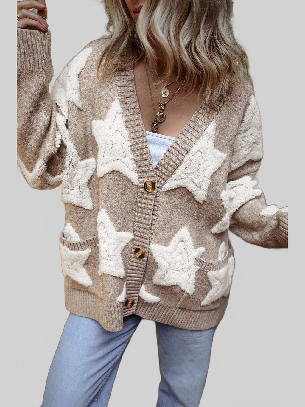 Women's Star Print Button-Up Cardigan Sweater with Pockets