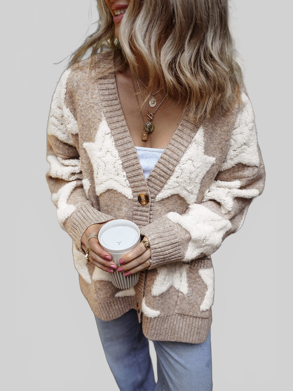 Women's Star Print Button-Up Cardigan Sweater with Pockets
