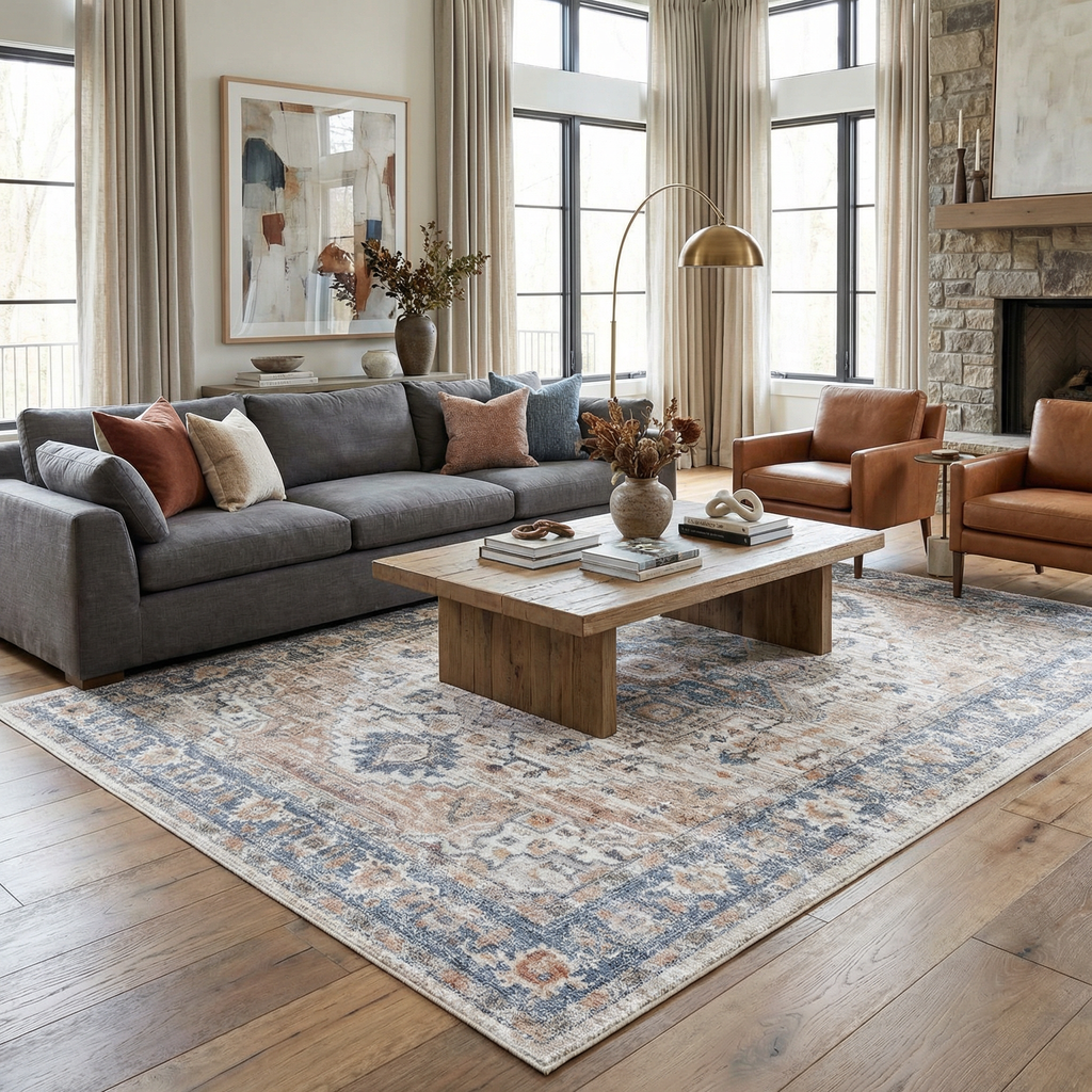 Turkish Cream and blue Washable Area Rug