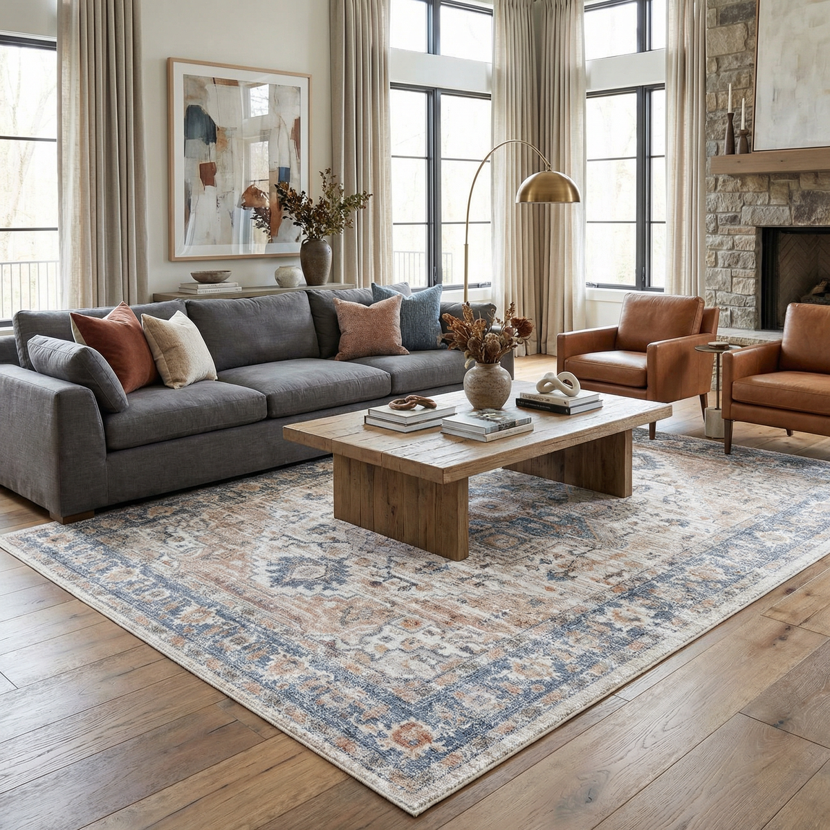 Turkish Cream and blue Washable Area Rug