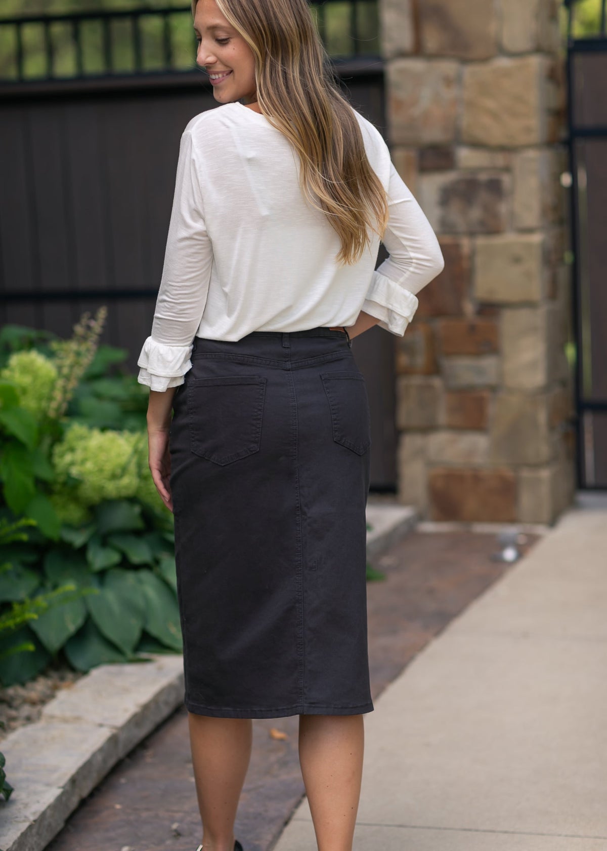 Onyx Black Denim Midi Skirt