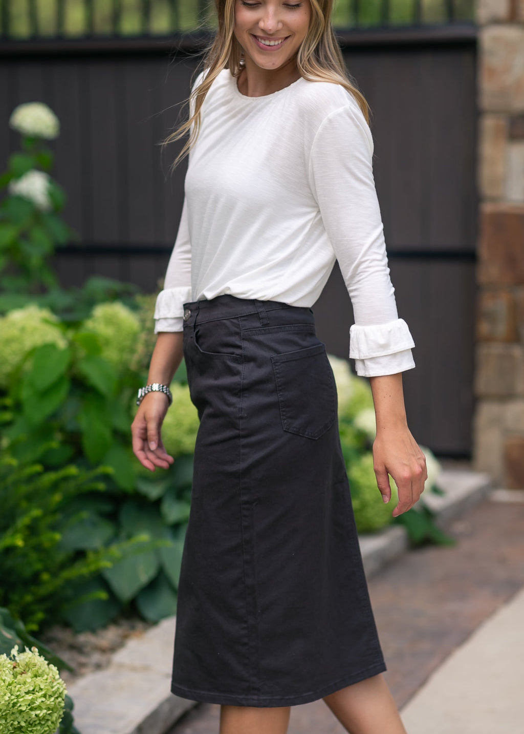 Onyx Black Denim Midi Skirt
