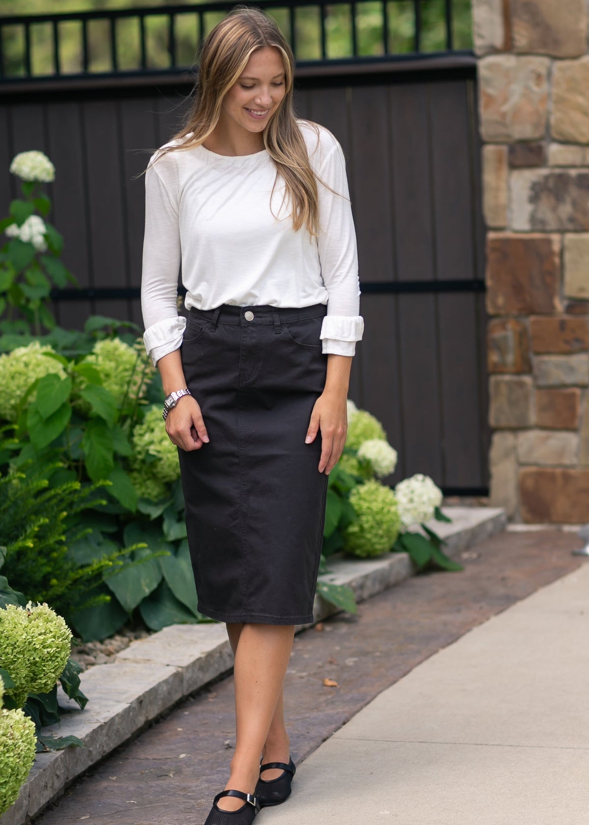 Onyx Black Denim Midi Skirt