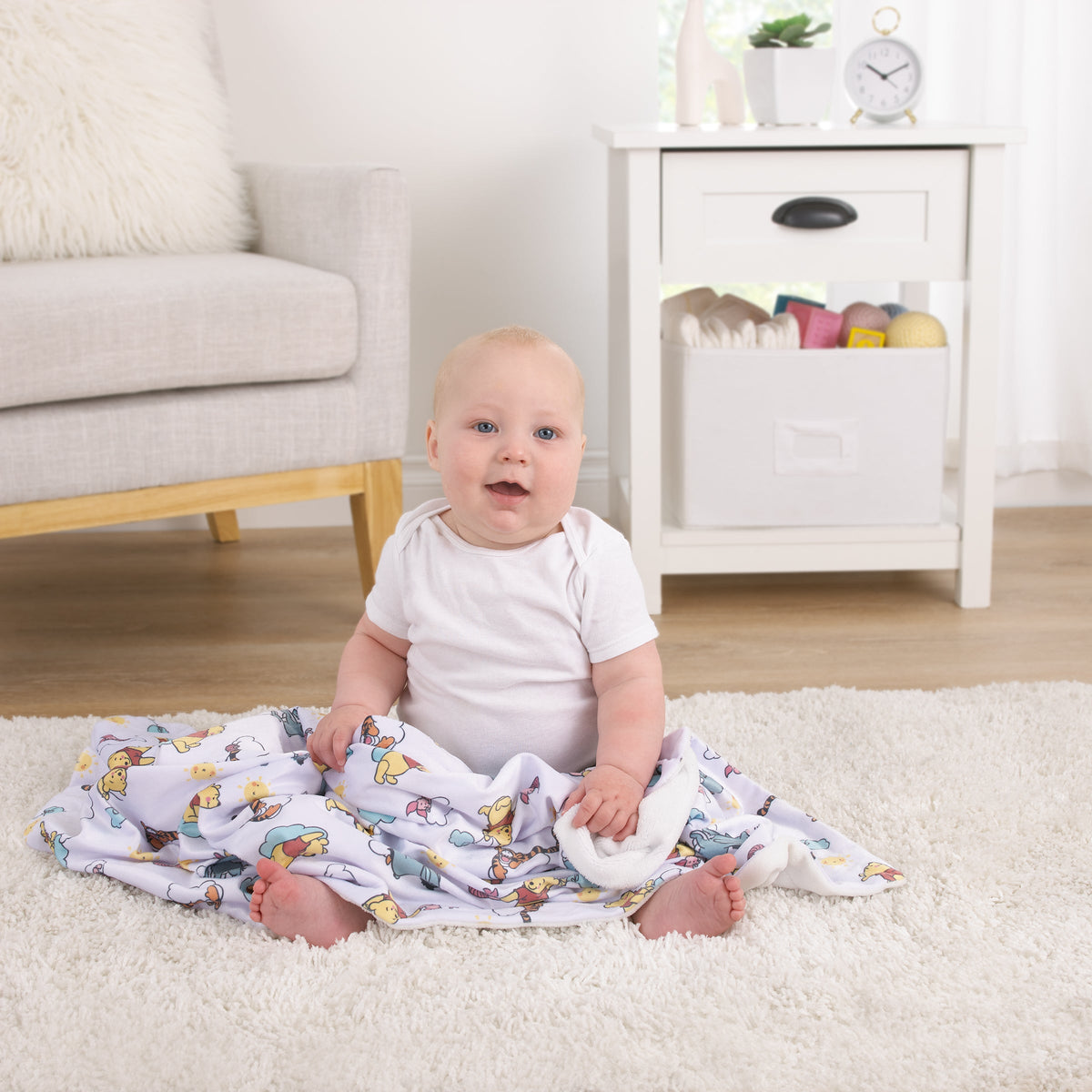 Winnie the Pooh So Loved Yellow, Aqua, and White Deluxe Reversible Super Soft Baby Blanket