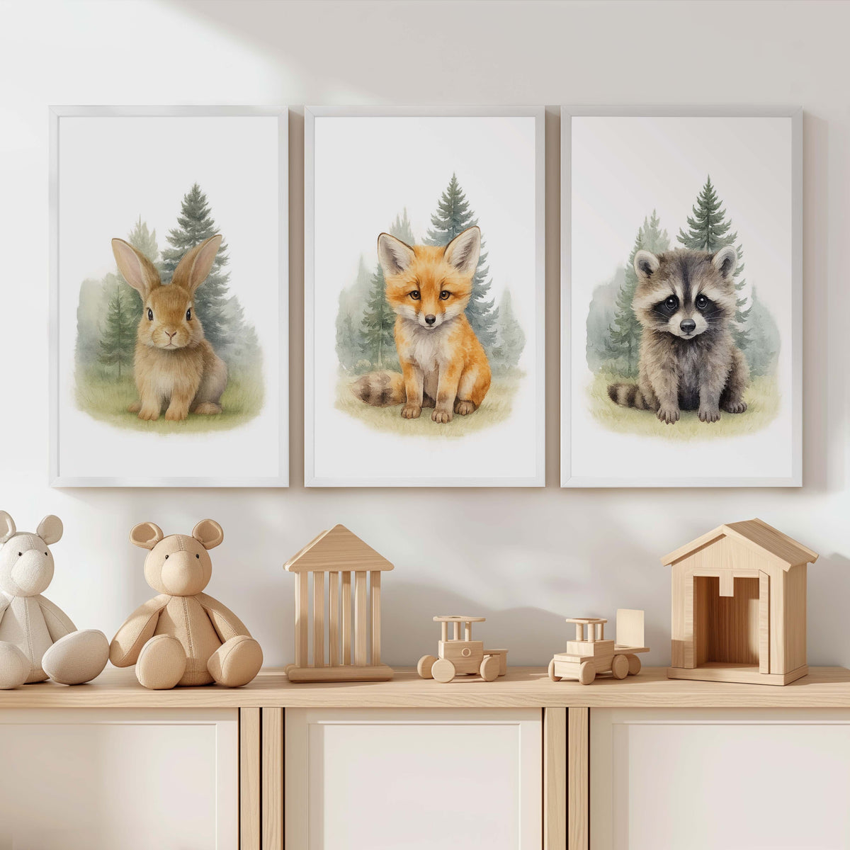 Woodland Nursery Wall Art – Bunny, Fox & Raccoon Set