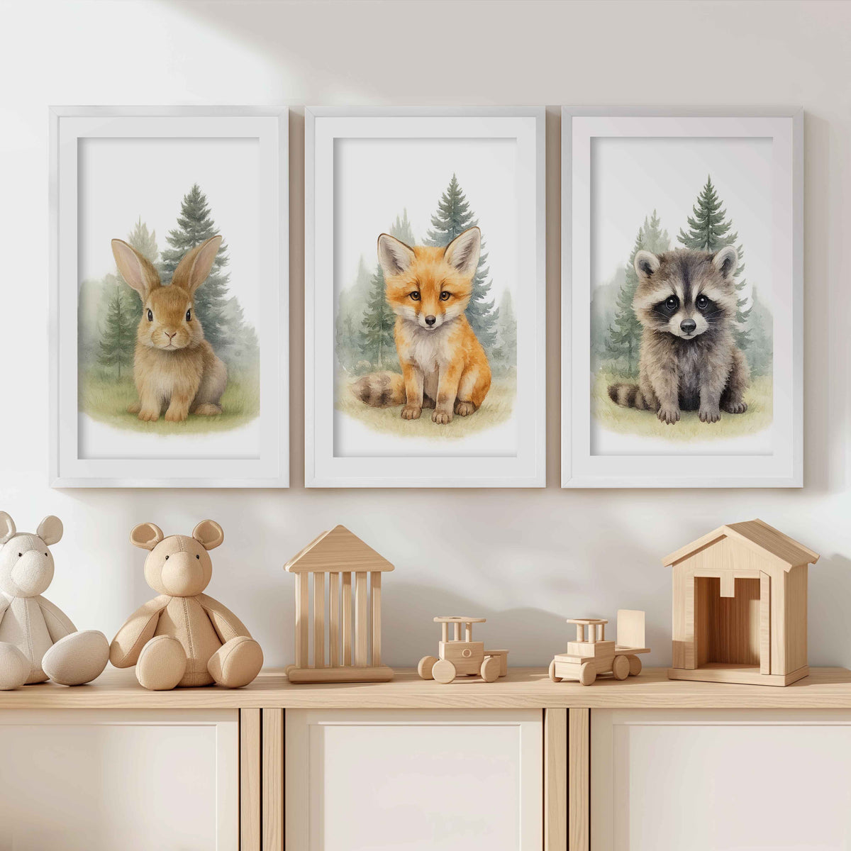 Woodland Nursery Wall Art – Bunny, Fox & Raccoon Set